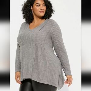 Torrid Gray Women's Ribbed Knit V-Neck Tunic Top Long Sleeve Flattering Fit sz1X